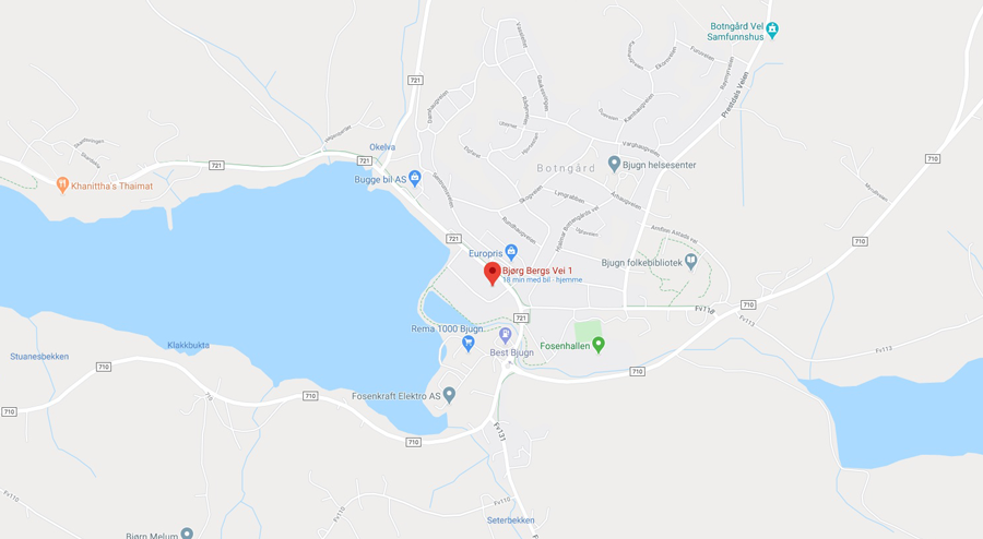 Kart over Bjugn med markert plassering av Bjugn Bilservice AS